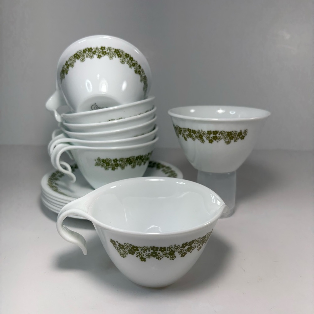 Vtg Corelle Crazy Daisy Green Flowers Coffee  Set For 6 Creamer‎ Sugar Bowl